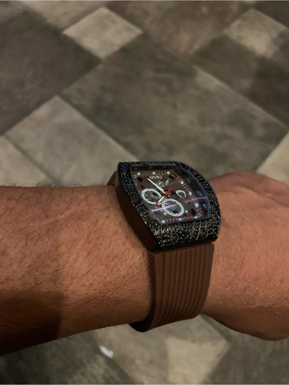 OUKI Men’s Skeleton Style Tonneau Watch Black Brown Luxury Look